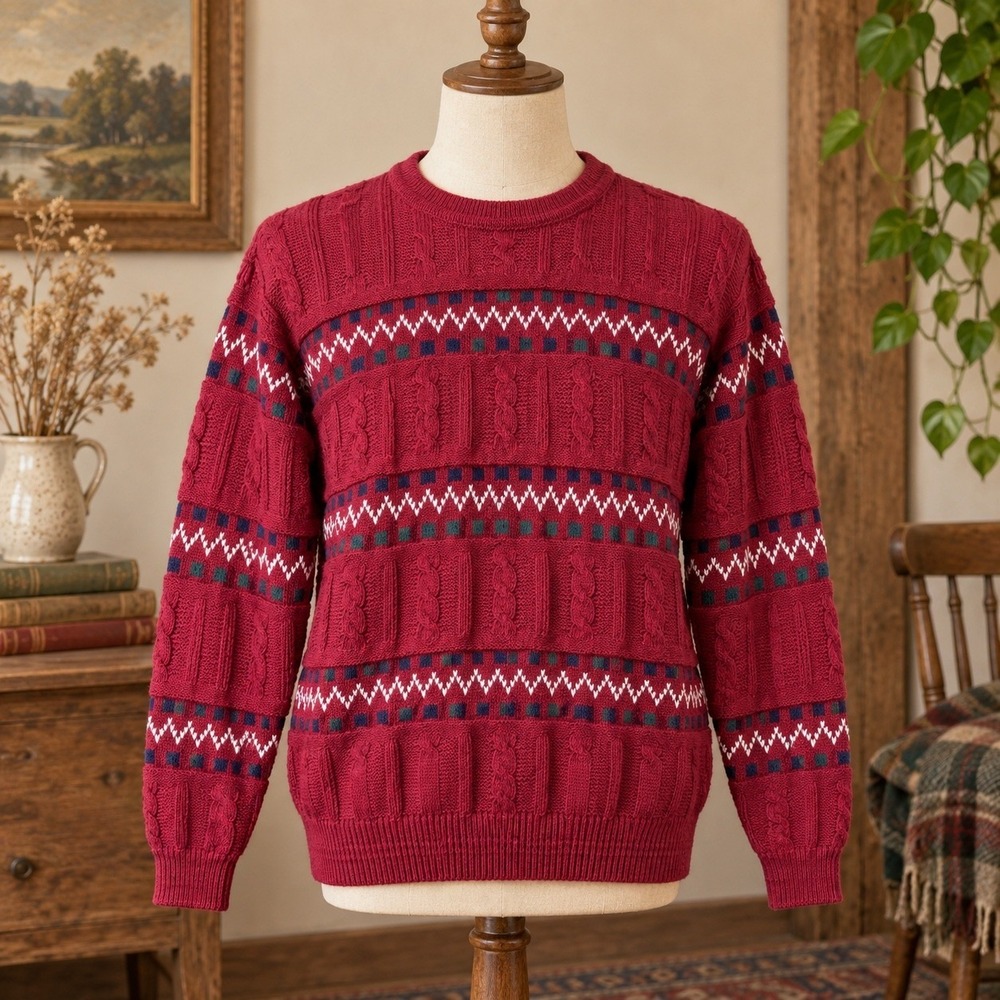 Vintage Jantzen Mens Large Cable Knit Fair Isle Sweater Burgundy Red Made in USA